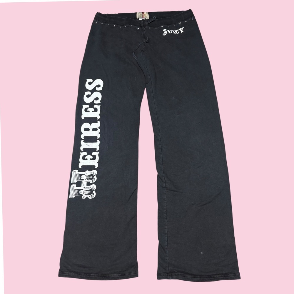 Juicy Couture Black Heiress Rhinestone Studded Sweatpants Y2K Wide Leg Medium